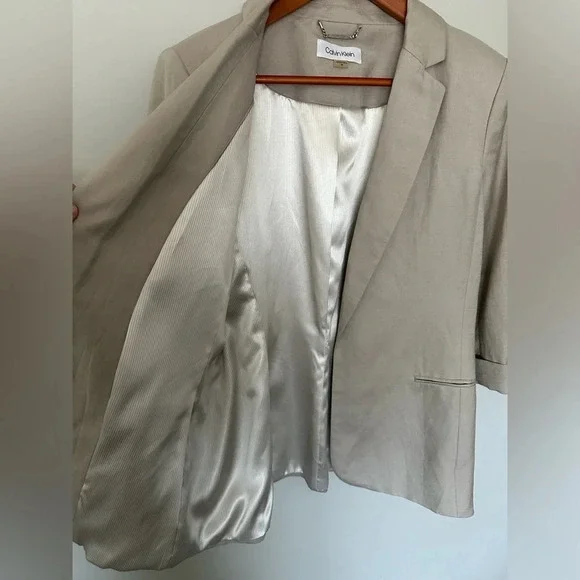 CALVIN KLEIN Beige Women Linen Blazer 3/4 Cuffed Sleeves Size 14 - Picture 10 of 10